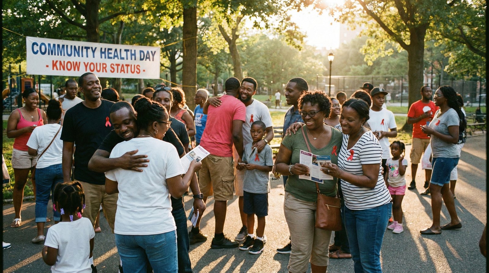 Community awareness event — joyful Black families and community members at a sickle cell education gathering